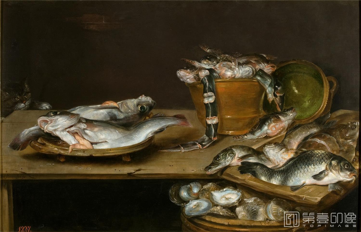 油画-西班牙普拉多美术馆油画藏画-Adriaenssen, Alexander-Bodegón mesa con pescados, ostras y un gato-60cm x 91cm-0005